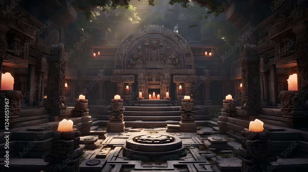 Obraz premium Captivating interior of an ancient sacred temple featuring intricate ornate carvings and the soft glowing illumination of candlelight creating an atmosphere of tranquility spirituality and devotion