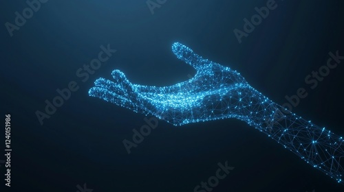 AI Robot Floating Above Wireframe Hand with Glowing Low-Poly Elements on a Sleek Dark Blue Background, Representing Modern Technological Innovation Concepts