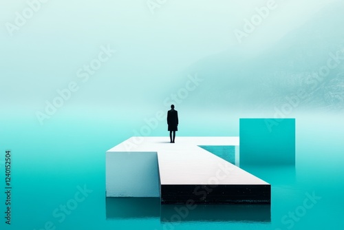 A geometric depiction of a lone figure standing at the edge of a bridge, symbolizing tentative decision-making, using sharp lines and muted tones
