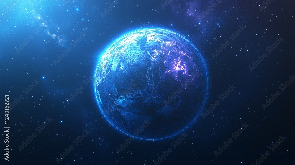Fototapeta premium Low-Poly Digital Planet in Space with Abstract Tech Background and Glowing Blue Wireframe Elements, Futuristic Aesthetic Representing Technology, Exploration, and Data