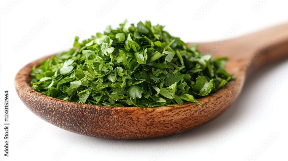 Chopped parsley in wooden spoon, white background, culinary ingredient, food photography Chopped parsley in wooden spoon, white background, culinary ingredient, food photography
