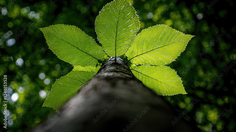 Low-angle view of tree trunk and vibrant green leaves in forest Low-angle view of tree trunk and vibrant green leaves in forest