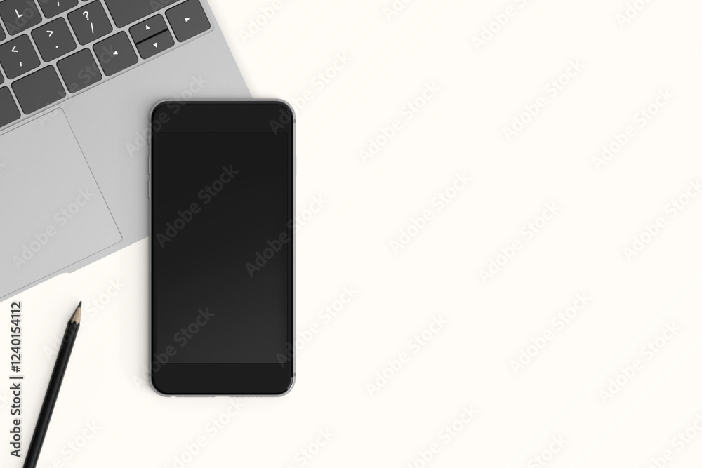 Naklejka premium Modern workspace with copy space on table background. Top view with copy space. Flat lay style. Minimal blank mockup.
