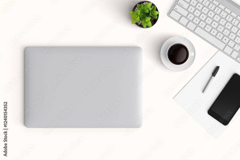 Modern workspace with copy space on table background. Top view with copy space. Flat lay style. Minimal blank mockup.