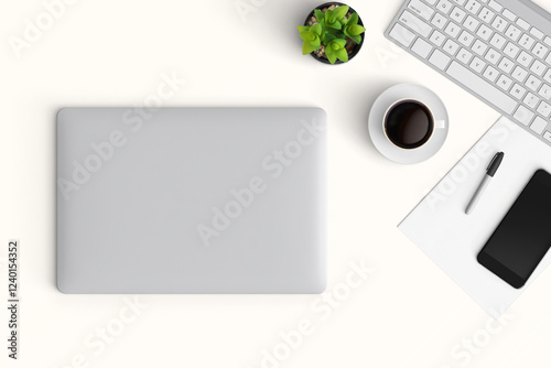 Obraz na płótnie Modern workspace with copy space on table background. Top view with copy space. Flat lay style. Minimal blank mockup. w salonie