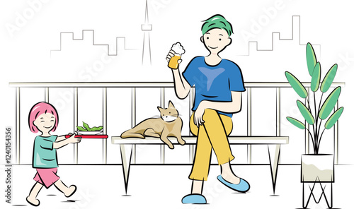 家のバルコニー・テラスでビールを飲みながらくつろぐパパと娘の親子,猫｜家族シリーズ