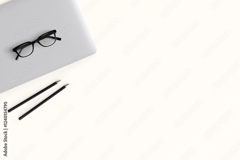 Modern workspace with copy space on table background. Top view with copy space. Flat lay style. Minimal blank mockup.