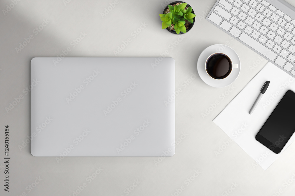 Modern workspace with copy space on table background. Top view with copy space. Flat lay style. Minimal blank mockup.