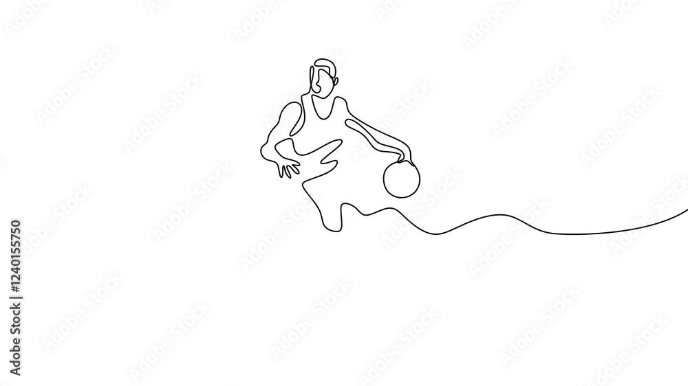 Continuous one line drawing animation of basketball player dribbling and holding the ball. Athlete running simplicity minimalism design. Continuous one line drawing animation of basketball player dribbling and holding the ball. Athlete running simplicity minimalism design.