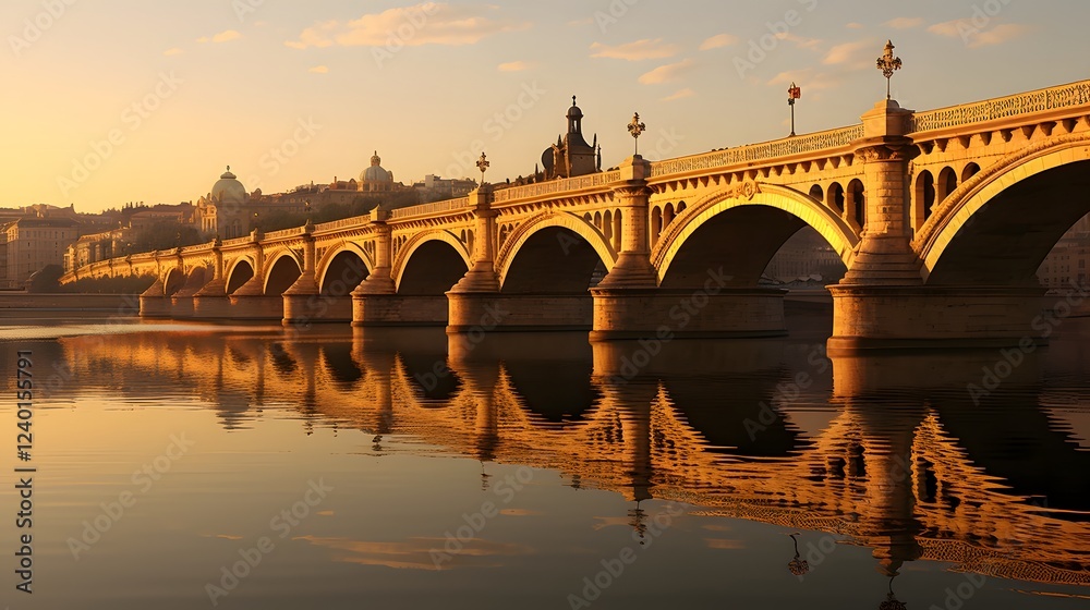 Fototapeta premium Serene and Peaceful Sunset Lit Bridge Crossing a Calm River with Mesmerizing Golden Reflections on the Water s Surface