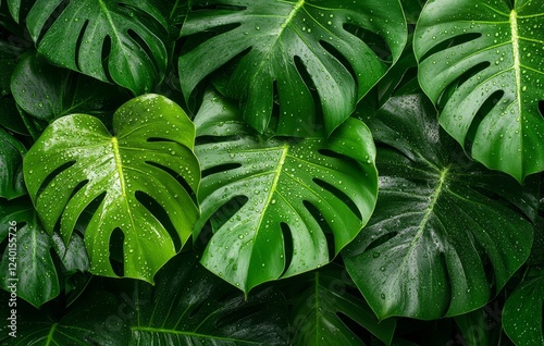 Lush tropical rainforest leaves, dew drops, background texture, nature design photo