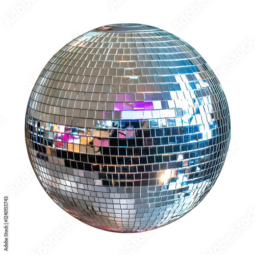 A reflective disco ball with a multitude of mirrored facets, capturing light and colors in a spherical shape.