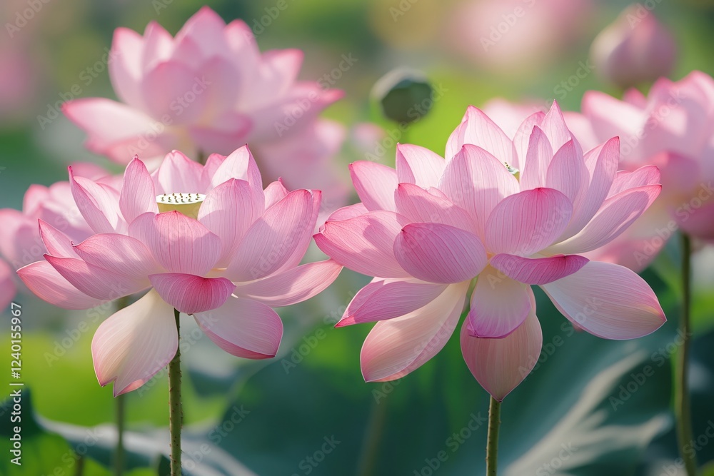 Pink lotus flowers in full bloom with soft light and blurred green background creating a serene scene