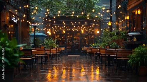 Rainy night, outdoor cafe, city alley, string lights, romantic ambiance, website banner