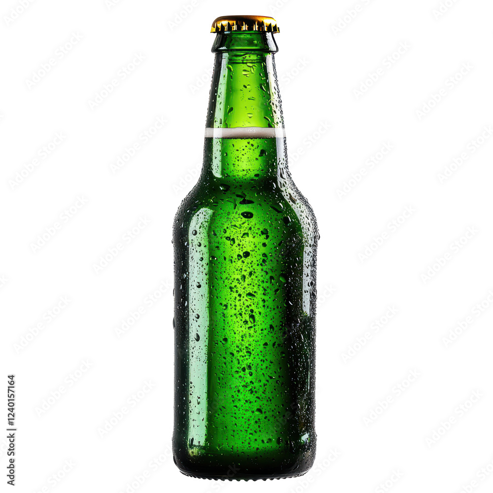A green glass bottle covered in droplets of water, topped with a gold cap. A green glass bottle covered in droplets of water, topped with a gold cap.