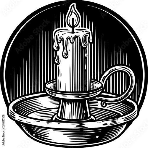 Monochrome image of a dripping candle in a candlestick holder with a loop for carrying