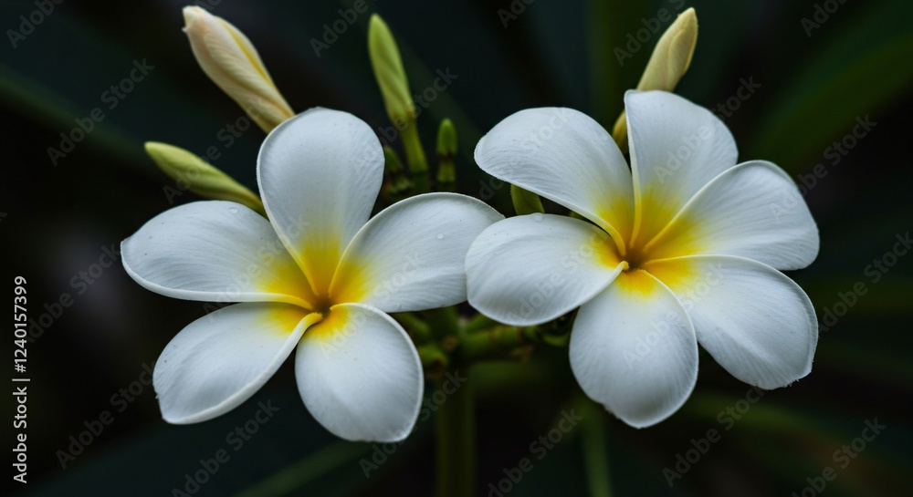 Two delicate white plumeria flowers with yellow centers bloom against a dark green background, surrounded by buds and foliage, creating a serene and elegant natural scene. Two delicate white plumeria flowers with yellow centers bloom against a dark green background, surrounded by buds and foliage, creating a serene and elegant natural scene.