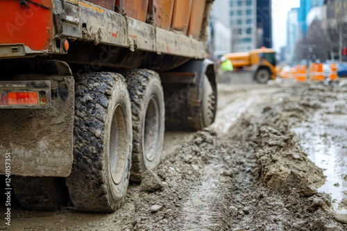 Truck carrying a container passing through a construction zone photo