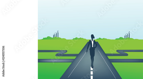 Business woman follow a path for business opportunities. visionary leadership different business routes. Symbol of ambition, motivation.Conceptual Illustration.