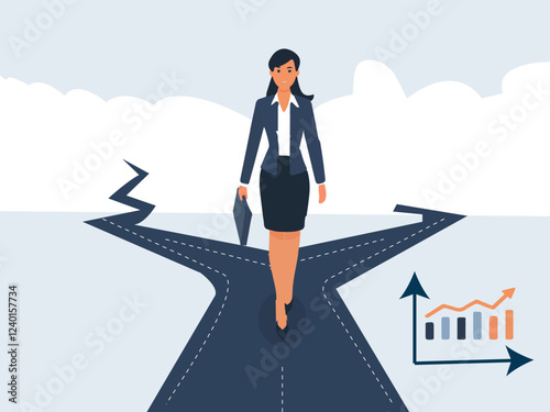 Business woman follow a path for business opportunities. visionary leadership different business routes. Symbol of ambition, motivation.Conceptual Illustration.