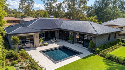 Modern home with pool and landscaped backyard. photo