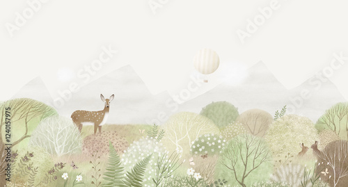 Wallpaper Mural Green landscape, mountains, cute deer, bunny and flowers. Watercolor illustration. Decor for children's room. Wallpaper. Torontodigital.ca