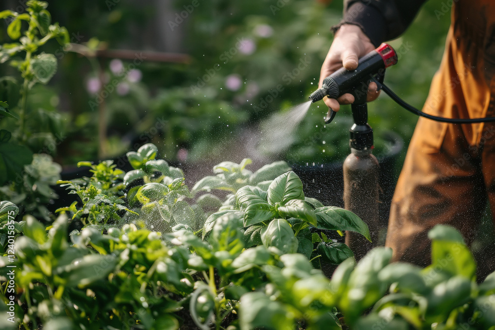 Obraz premium Farmer spraying on vegetable and green plants