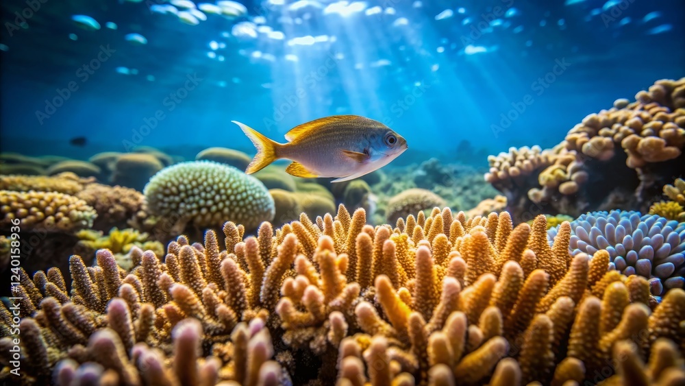 Fototapeta premium Bright Yellow Fish Swimming Above Colorful Coral Reef Underwater