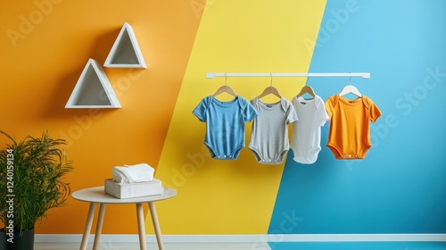 Colorful Nursery Room with Baby Clothes Hanging photo