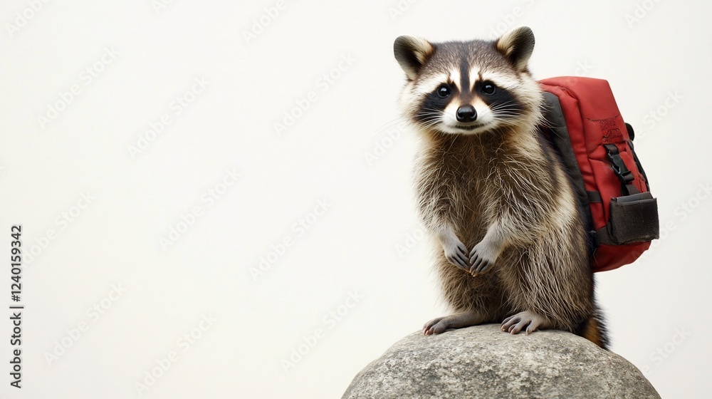 Obraz premium A raccoon with a red backpack standing on a rock against a plain background looking into camera