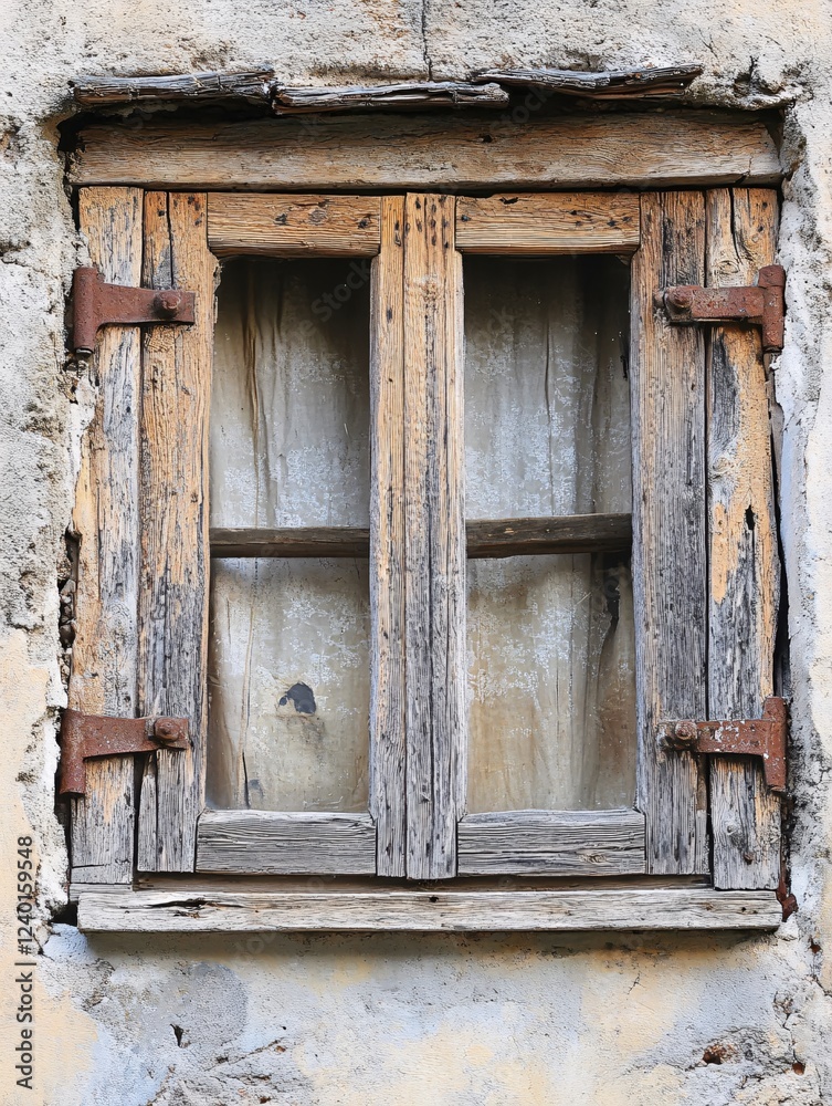 Old wooden window with rusty hinges in a weathered wall showing signs of age and decay Old wooden window with rusty hinges in a weathered wall showing signs of age and decay