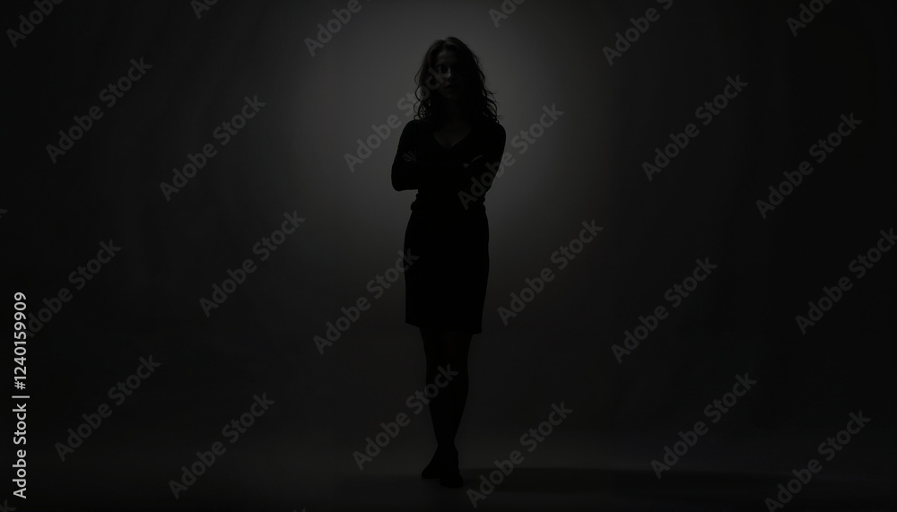 Mysterious Woman Silhouette Standing Confidently Against Dark Background with Copy Space Mysterious Woman Silhouette Standing Confidently Against Dark Background with Copy Space