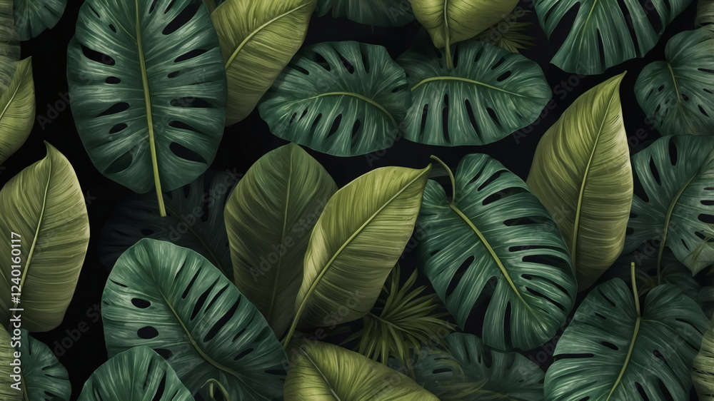 custom made wallpaper toronto digitalLush green tropical foliage creates a vibrant, textured pattern. Dark background enhances the leaves' rich color and detail.
