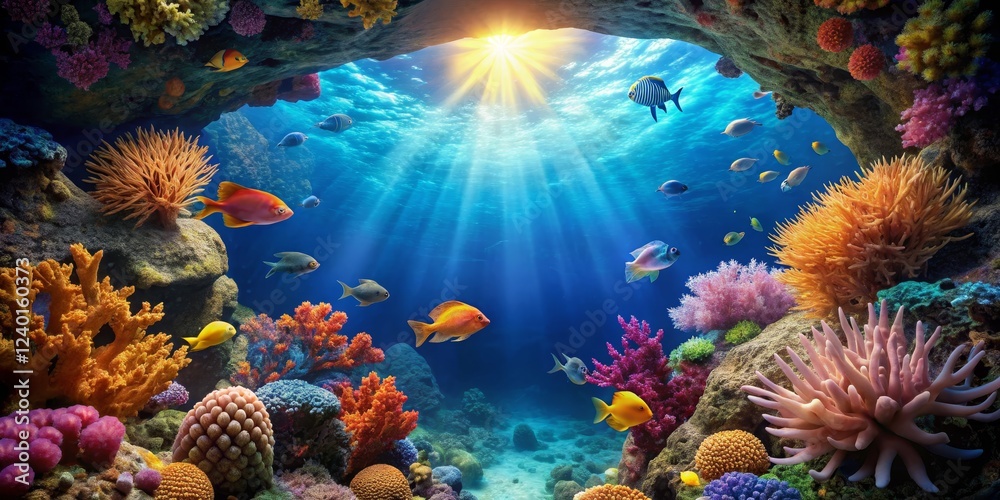 Obraz premium Vibrant Underwater Scene with Coral Reef and Colorful Fish