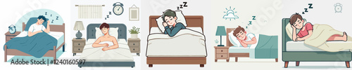 vector of a young man sleeping on a bed