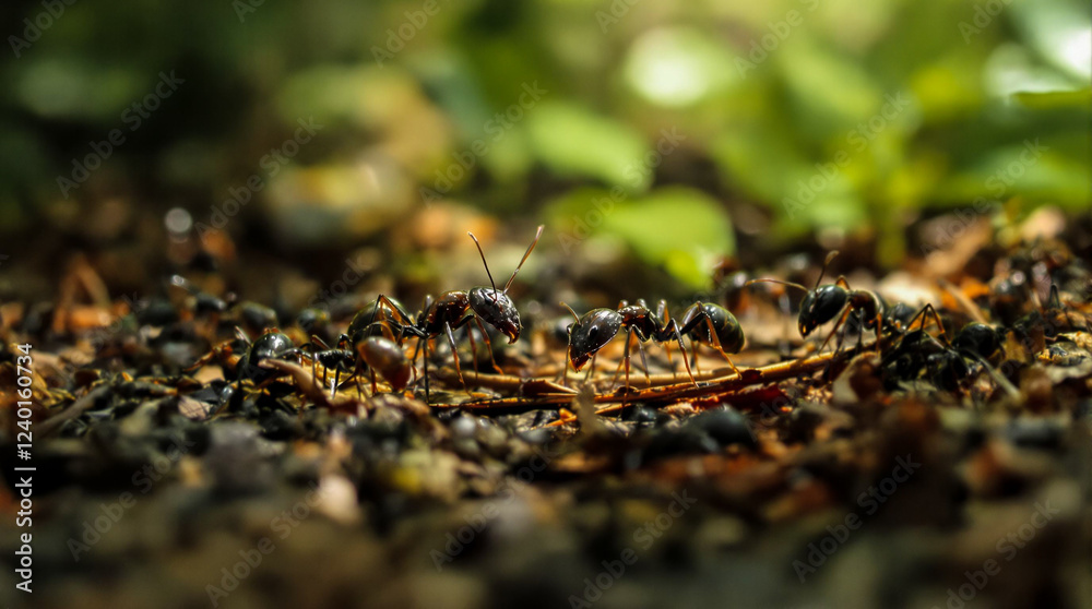 A group of black ants are on the ground. A group of black ants are on the ground.