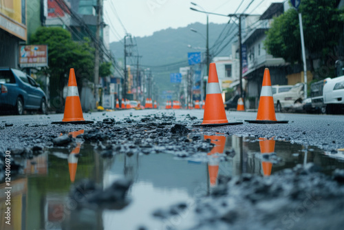 Traffic cone, an image of cautions on asphalt road photo