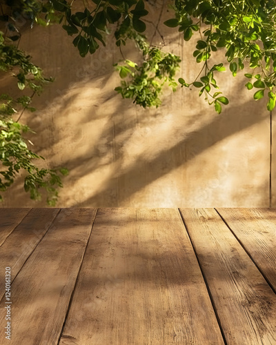 serene wooden table illuminated by soft sunlight and surrounded by greenery