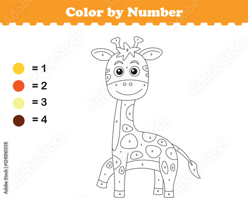 Color by numbers. Coloring page for kids. Coloring with cute giraffe. Vector illustration