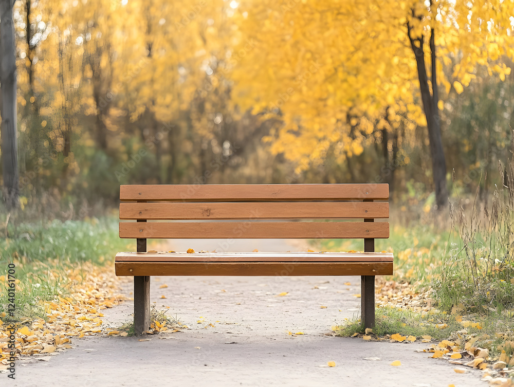 wooden bench in serene autumn park surrounded by yellow leaves wooden bench in serene autumn park surrounded by yellow leaves