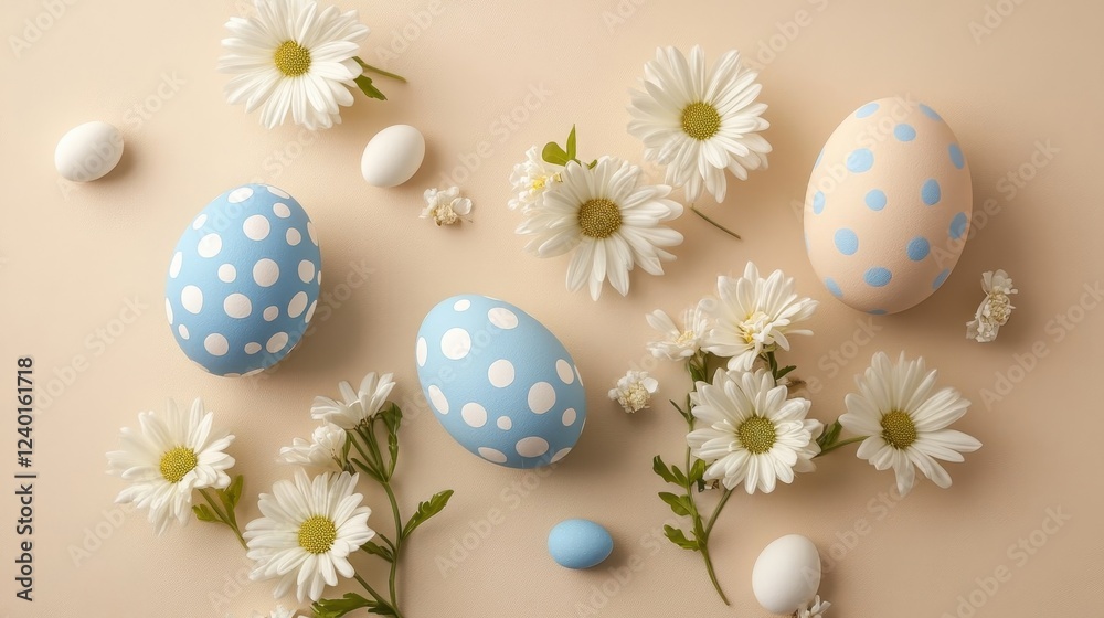 Fototapeta premium White and blue Easter eggs and flowers, Easter card, Easter card or banner mockup