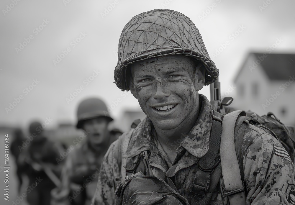 Fototapeta premium Close up grayscale portrait of a smiling soldier covered in mud, wearing a helmet and carrying a backpack, with other soldiers blurred in the