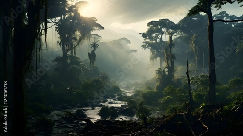 A captivating misty jungle landscape featuring a dense lush forest with towering trees emerald foliage and a mystical atmospheric ambiance  This tranquil