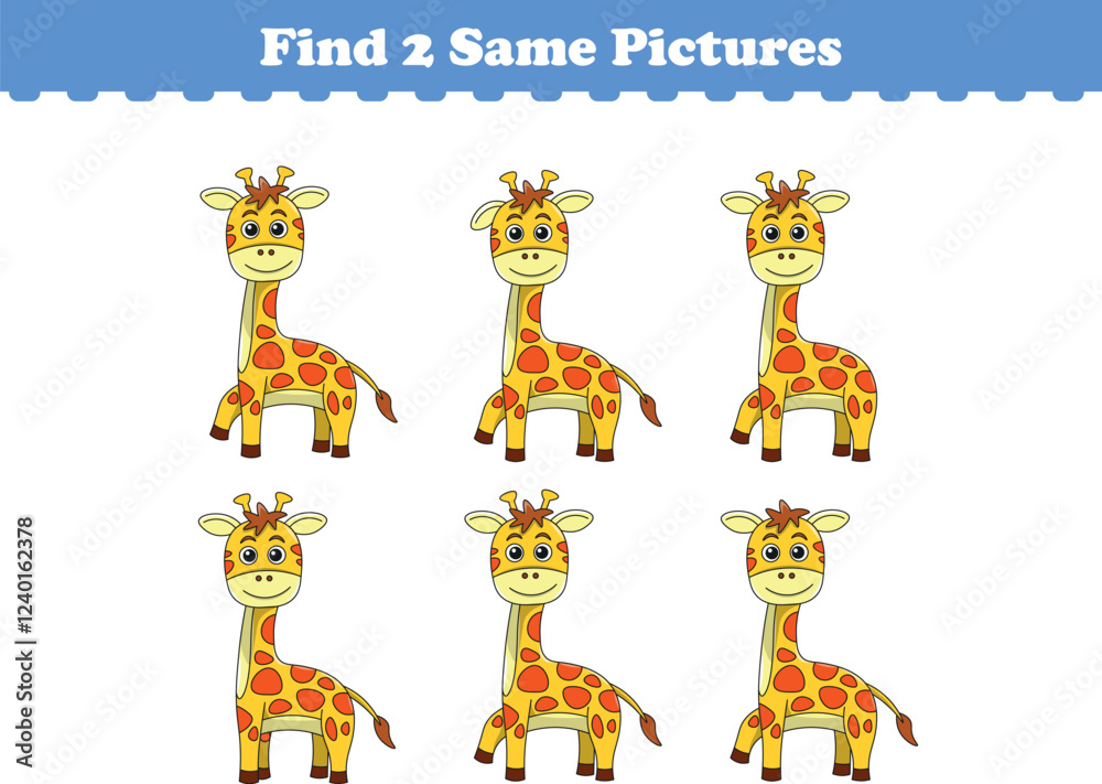 Obraz premium Funny cartoon giraffe. Find two same pictures. Educational game for children. Cartoon vector illustration