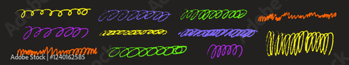 Line curve with texture crayon chalk. Scribble hand drawn set scribble colorful on black background. Curve crayon chalk set, Vector illustration
