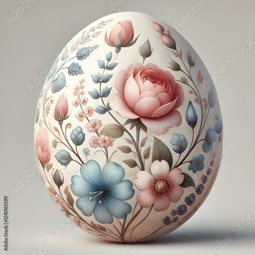 A finely decorated Easter egg featuring intricate floral patterns of roses, blue blossoms, and delicate vines on a soft pastel background.  photo