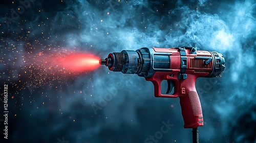 Powerful Red Drill in Action with Sparks and Smoke