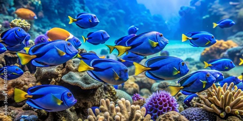 Underwater Scene with Colorful Blue Fish Swimming Among Coral Reef