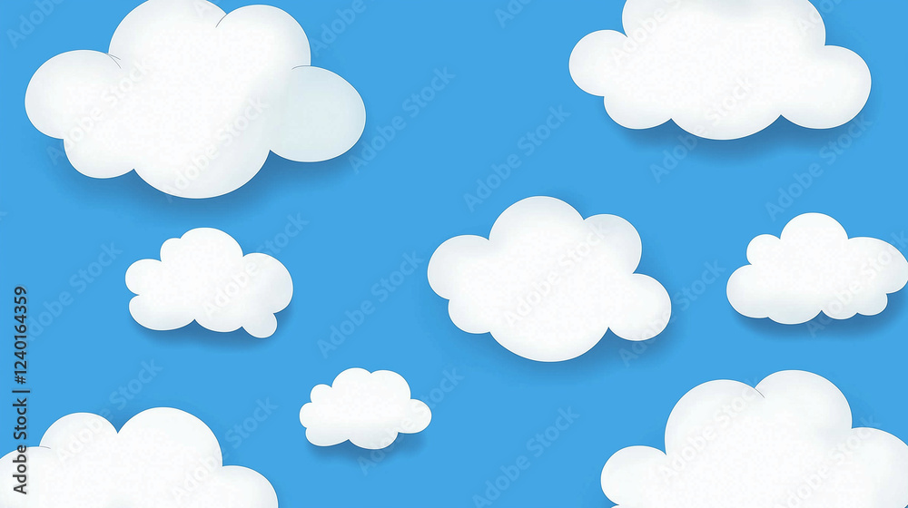 White fluffy cartoon clouds on a bright blue sky background. Simple vector illustration with flat colors, clean design, and seamless pattern concept for wallpapers, textiles, and digital backgrounds. White fluffy cartoon clouds on a bright blue sky background. Simple vector illustration with flat colors, clean design, and seamless pattern concept for wallpapers, textiles, and digital backgrounds.