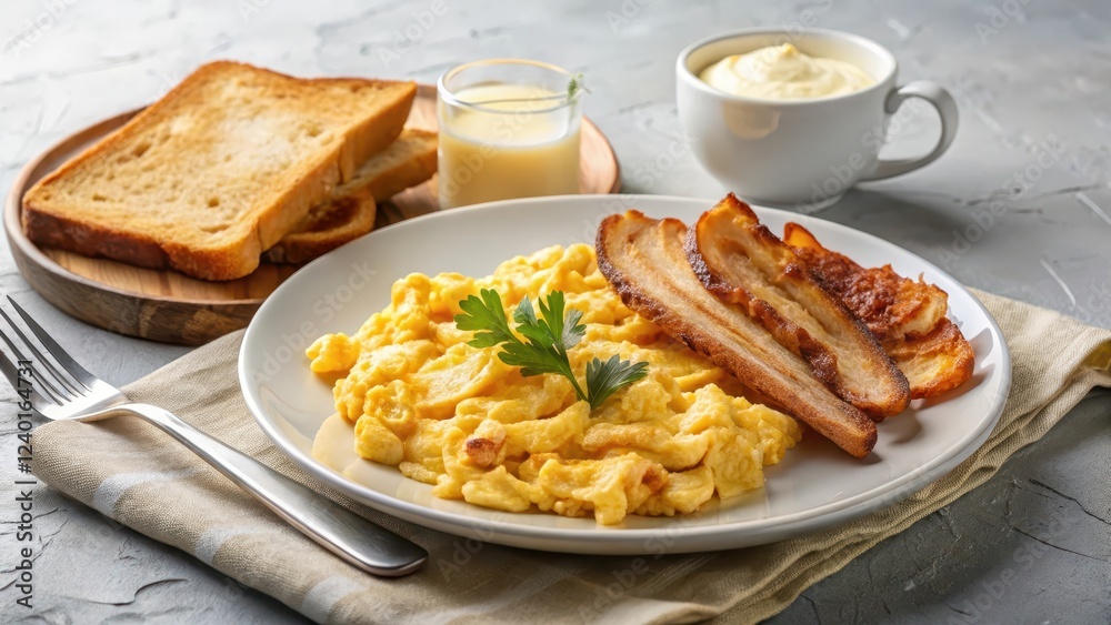 A Delicious Breakfast Plate Featuring Fluffy Scrambled Eggs, Crispy Fried Bacon, and Buttery Toasted Bread A Delicious Breakfast Plate Featuring Fluffy Scrambled Eggs, Crispy Fried Bacon, and Buttery Toasted Bread